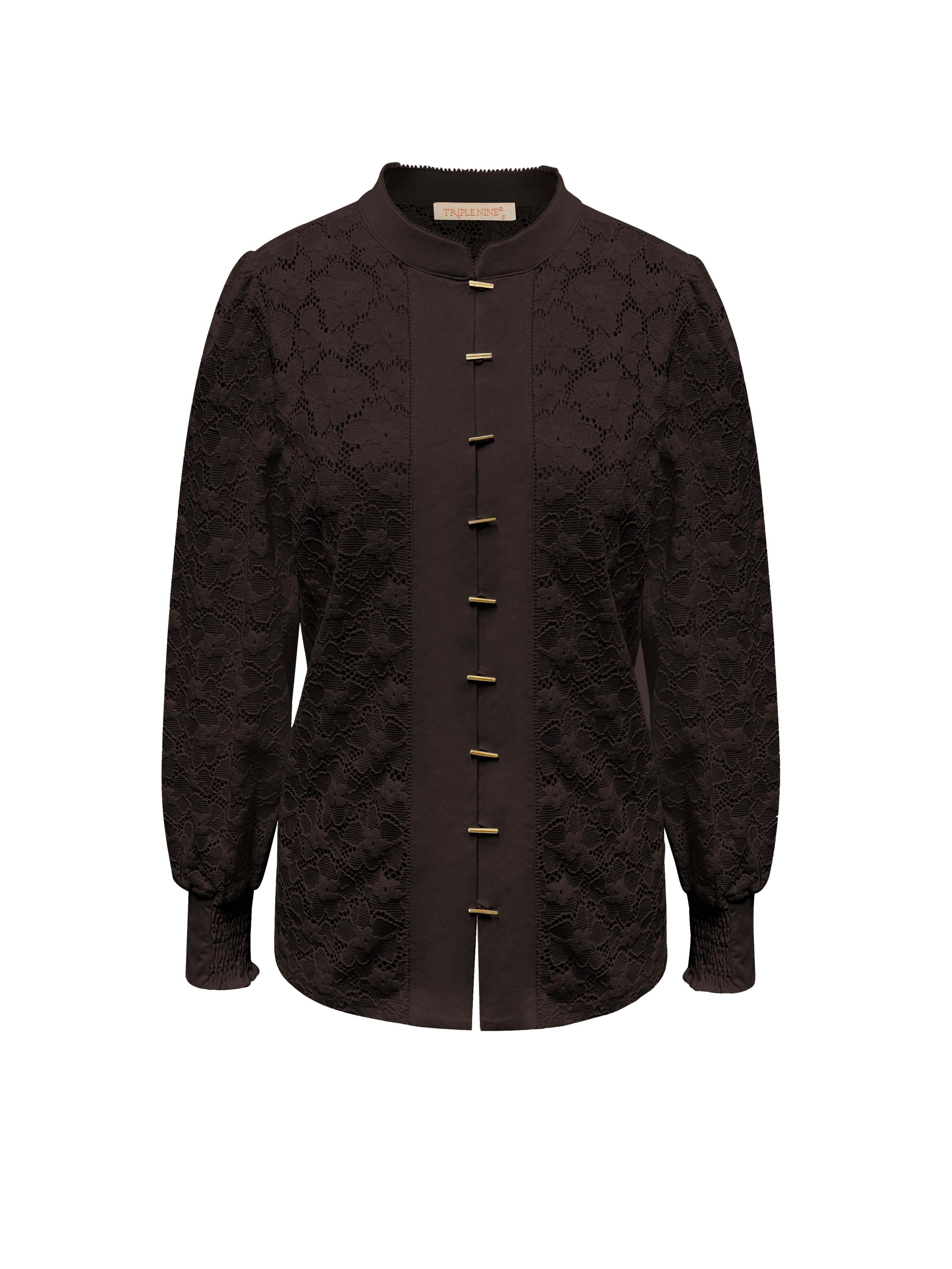 Donkerbruine kanten blouse van Triple Nine, achterkant